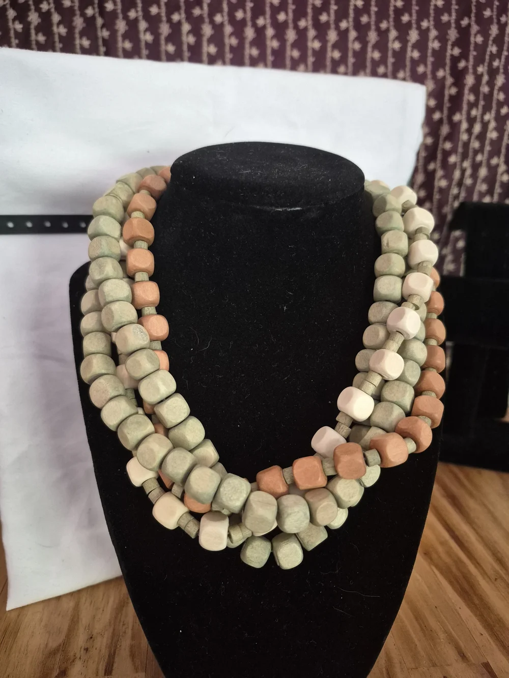Handcrafted Multi-Strand Green, Tan & Cream Wooded Necklace